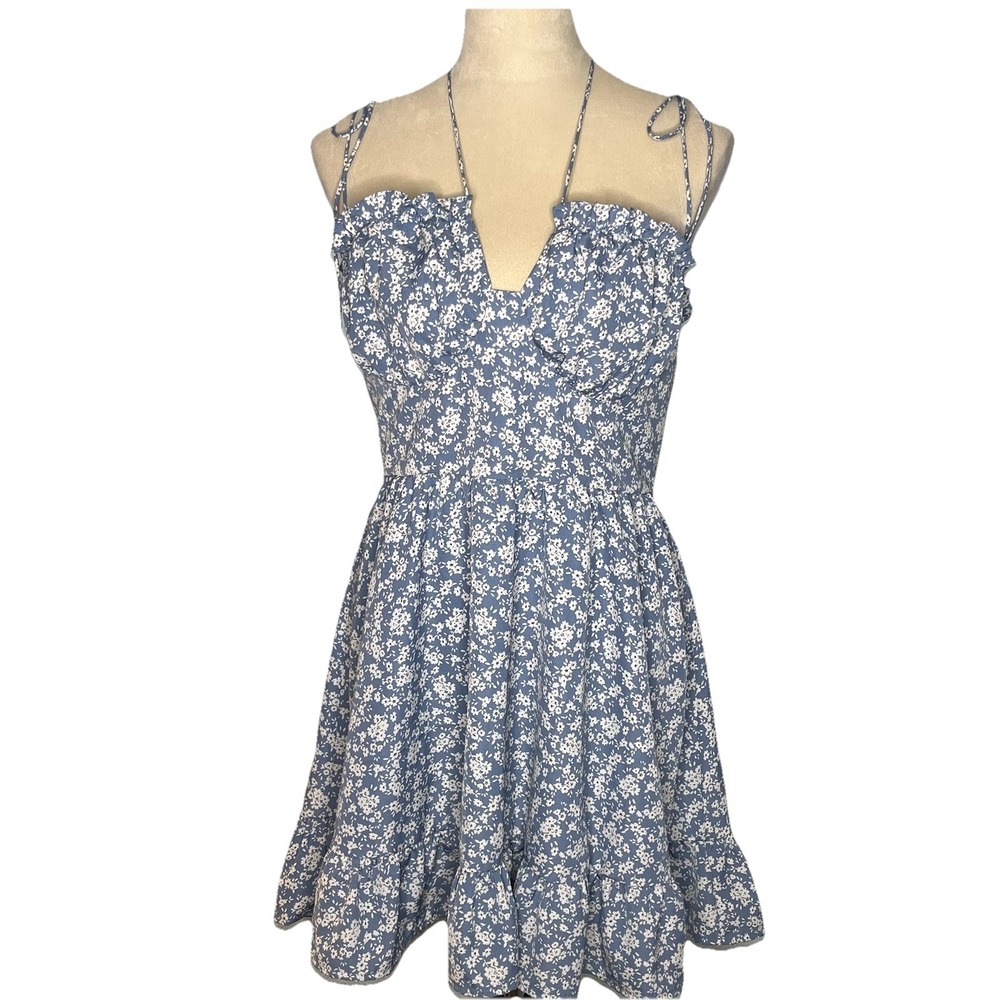 CIDER Milkmaid Babydoll Mini Dress M Blue Floral Tie Ruffles‎ Sundress Festival